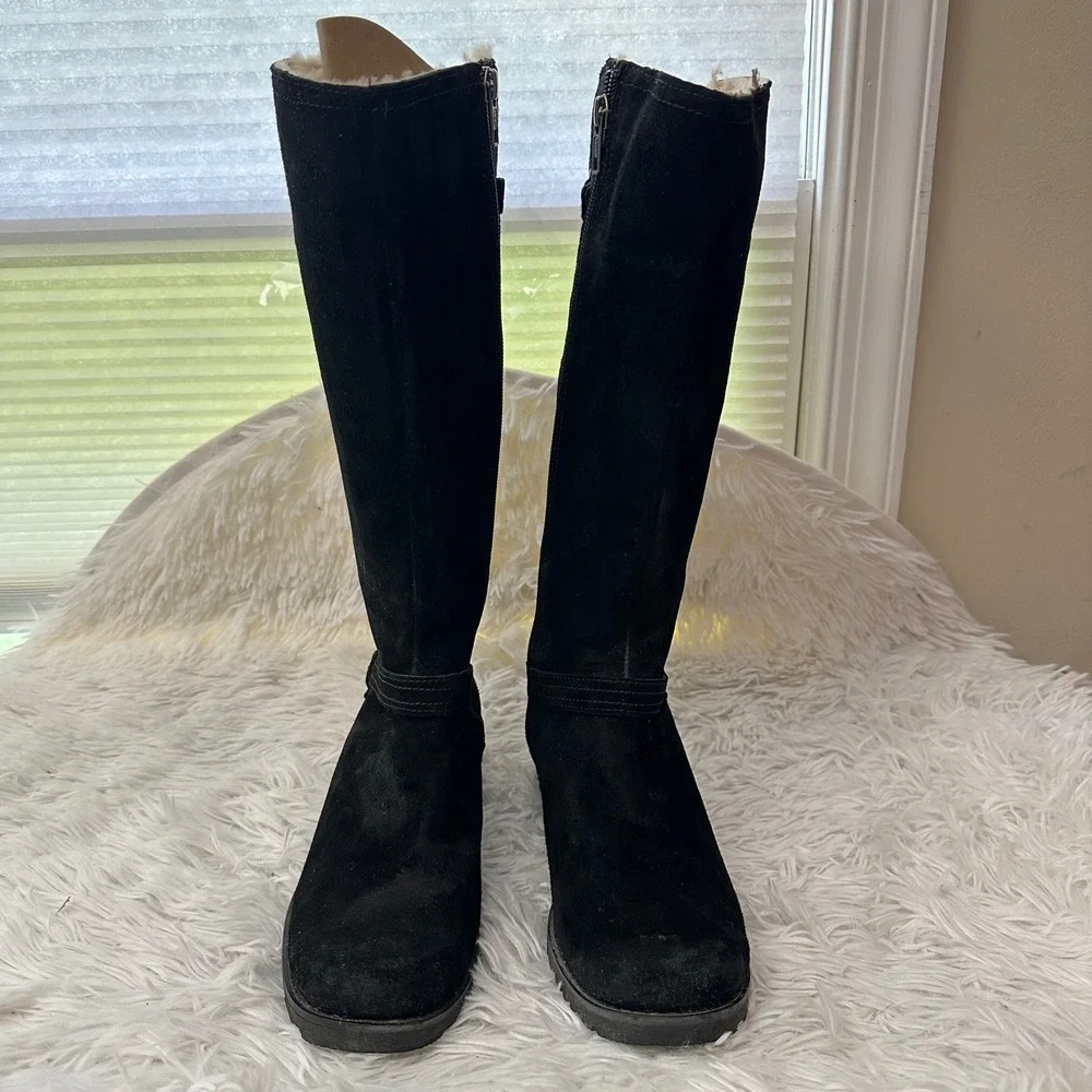 UGG Jillian Shearling Lined Black Suede Riding Zip Tall Winter Boots sz 7